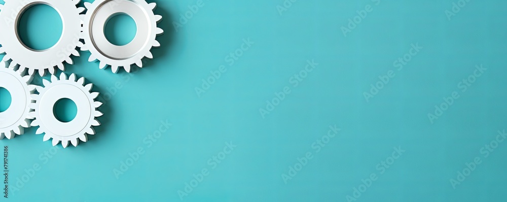 Three white gears on a Turquoise background, laid flat, copy space concept for business technology and development in the abstract vector with copy space for photo text or product, blank empty copyspa