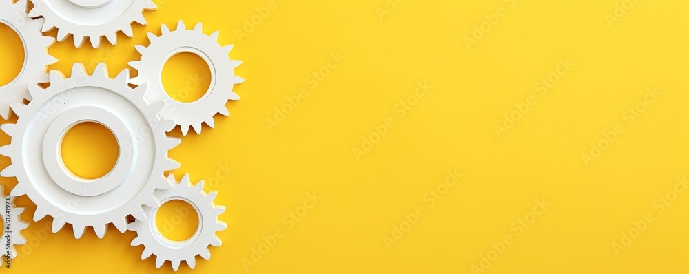 Three white gears on a Yellow background, laid flat, copy space concept for business technology and development in the abstract vector with copy space for photo text or product, blank empty copyspace
