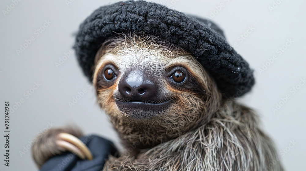 Fototapeta premium Smiling Sloth Wearing Black Beret and Scarf Close Up Portrait