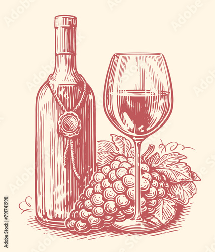 Wine bottle and wineglass, grape. Winery sketch. Hand drawn vintage vector illustration