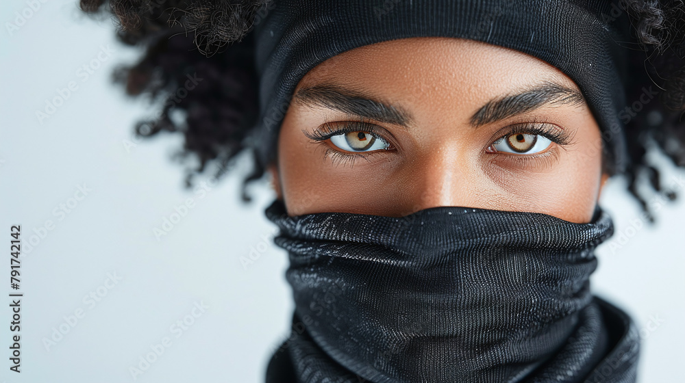 Intense Gaze Black Woman Headscarf Covering Face Expressive Eyes Intense Gaze Black Woman Headscarf Covering Face Expressive Eyes