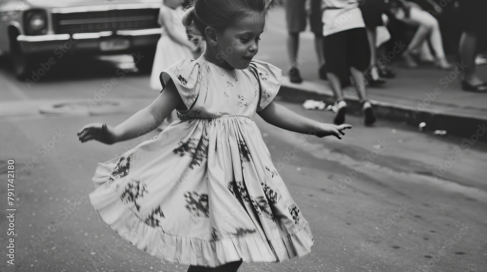 Little girl dancing on the street, retro photo
Little girl dancing on the street, retro photo