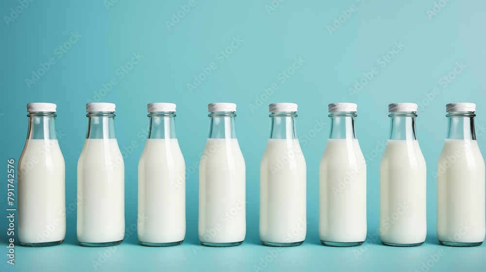 a row of glass bottles with milk a row of glass bottles with milk