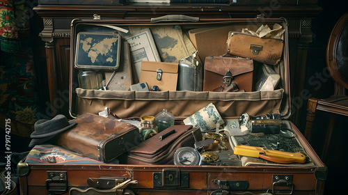 an old fashioned suitcase, chaotically packed with a lot of different things for a vaccation Ai generative  photo