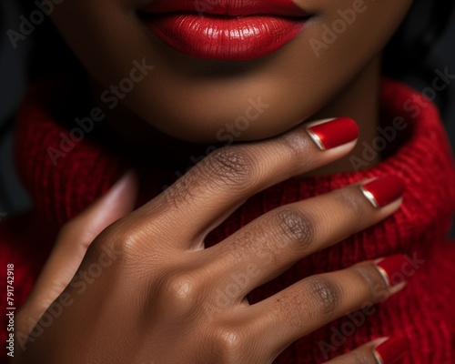 close up photo of African-American woman s chin touched by her fingers with red manicure