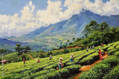 Group of people work on a tea plantation in the morning. 