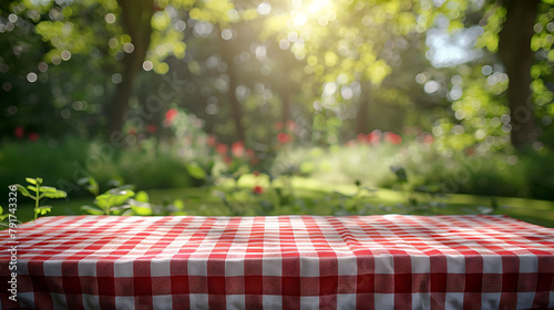 Food background, Picnic table with tablecloth for food, product display over blur green nature outdoor background, Table top, desk cover with white and red pattern clothing and blurred garden