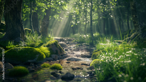 A tranquil river winding through a lush forest  with sunlight filtering through the canopy and illuminating the moss-covered rocks.