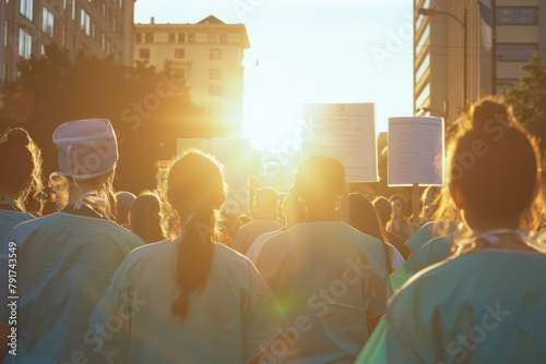 Healthcare Workers Rallying at Sunset
