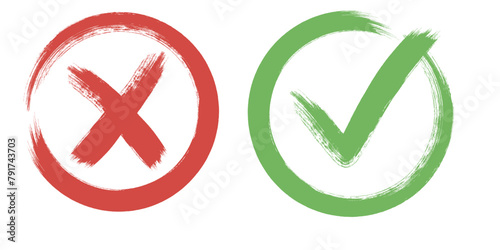 Tick and Cross, sign elements. vector buttons for vote, election choice, check marks, approval signs. Red X and green OK icons round check boxes. Check list marks, choice options