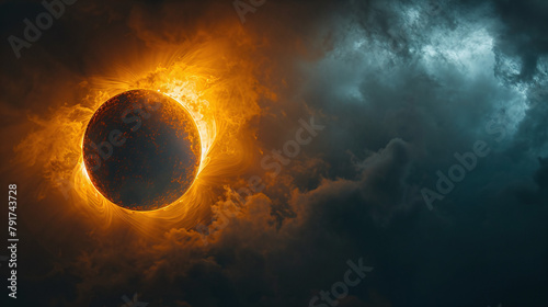 Majestic Glowing Sun with Fiery Corona on Dark Stormy Sky Background