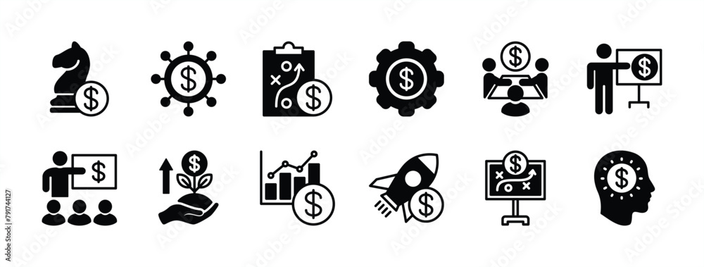 Financial business strategy icon set. Containing creativity, creative, teamwork, startup, thinking, discussion, meeting, education, growth graph, solution, connection. Vector illustration