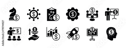 Financial business strategy icon set. Containing creativity, creative, teamwork, startup, thinking, discussion, meeting, education, growth graph, solution, connection. Vector illustration