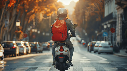 Food delivery moto scooter driver with red backpack behind back is on his way to deliver food, Courier on scooter delivering food, Quick shipping of goods to customers