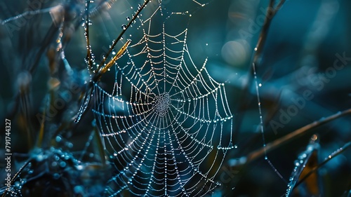 Detailed Photograph Capturing the Intricate Patterns of a Spider's Web, Glistening with Morning Dew  © Huzaifa