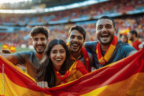 Cuatro amigos españoles sosteniendo una bandera de España animando a su equipo, contentos sonriendo a cámara, con fondo de estadio olimpico deportivo con multitud de gente photo