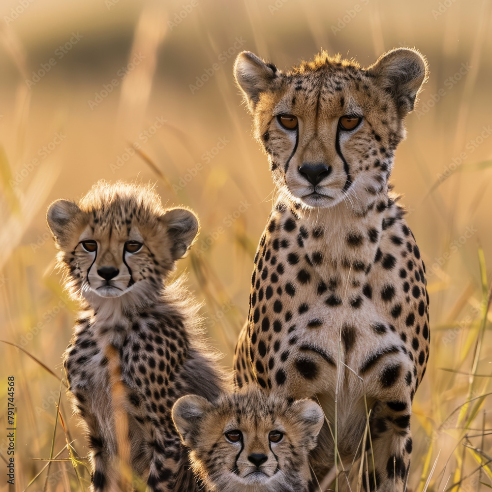 Three spotted leopard mothers and cubs bask in the sunlight, their golden coats shimmering with warmth and grace Three spotted leopard mothers and cubs bask in the sunlight, their golden coats shimmering with warmth and grace