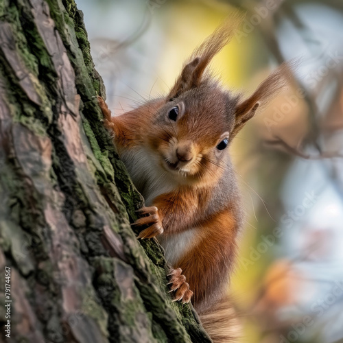 A brown squirrel perched on a tree trunk, its fluffy tail curled around its body, alert and observant in its natural habitat
