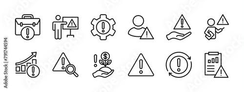 Business management risk thin line icon set. Containing warning or caution chart, investment, plan, employee, analysis, finance, process, infographic, information data, workbag. Vector illustration
