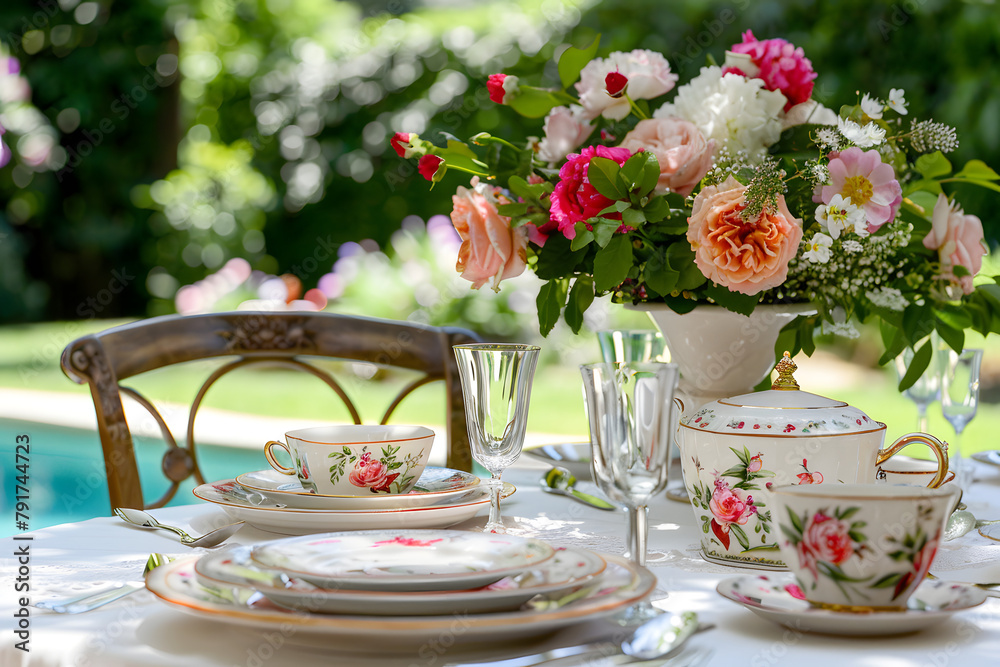 An elegant outdoor dining setup complete with fine china and summer blooms, isolated on a chic garden party ivory background, suited for summer entertaining guides An elegant outdoor dining setup complete with fine china and summer blooms, isolated on a chic garden party ivory background, suited for summer entertaining guides