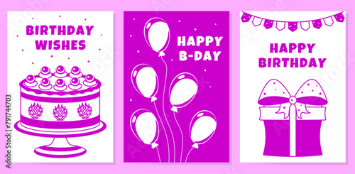 Set of birthday cards in white and pink, vector.
