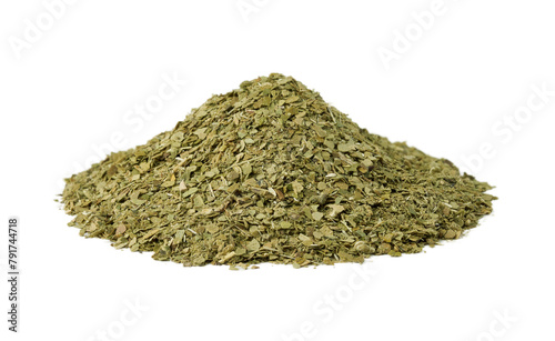 pile of dry yerba mate tea isolated on white background. 