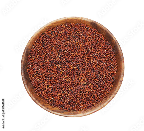 top view flat lay overhead pile of red finger millet or ragi raagi nachni isolated on white background in wood bowl