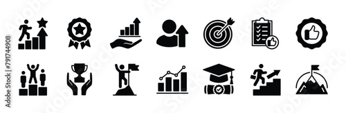 Success icon set. Successful management business development. Containing target, goal, plan, winner, achievement, trophy, badge medal, competition, graduation hat, mountain peak flag, growth graph