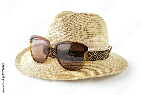A stylish straw hat and sunglasses  essential accessories for a fashionable summer look for men isolated on solid white background.