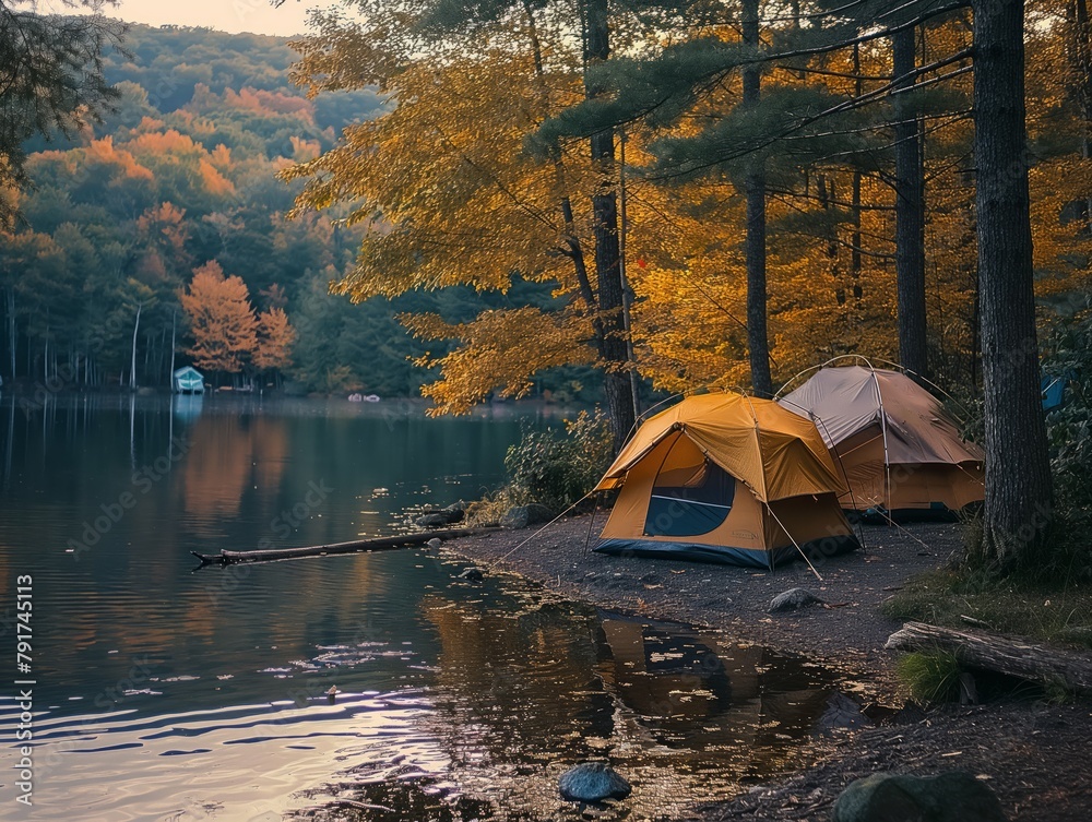 A campsite with two orange tents and a lake in the background. The scene is peaceful and serene, with the water reflecting the trees and the sky