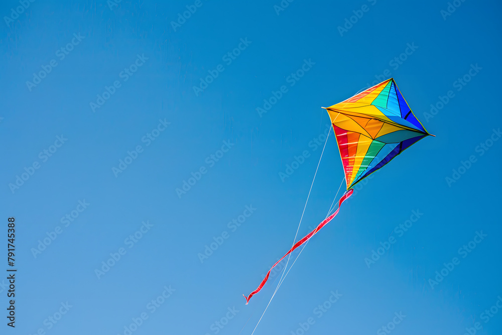 A colorful kite flying high in a clear sky, isolated on a freedom of flight cerulean background, representing the joy of summer days A colorful kite flying high in a clear sky, isolated on a freedom of flight cerulean background, representing the joy of summer days