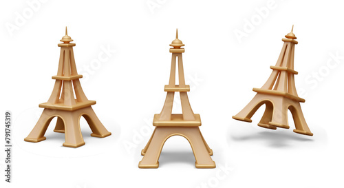 Metal model of Eiffel Tower. Realistic object in different positions. Symbol of France, Paris