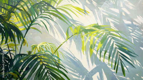 Soft sunlight casting gentle shadows through palm leaves  painting a tranquil springtime scene.