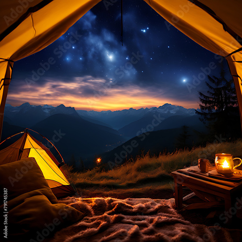 Step into the magic of the night with our holiday camping experience. Inside our cozy tent, a warm yellow light glows, casting a soft ambiance against the canvas. Above, the sky is alive with shooting