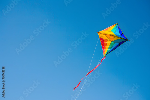 A colorful kite flying high in a clear sky, isolated on a freedom of flight cerulean background, representing the joy of summer days 