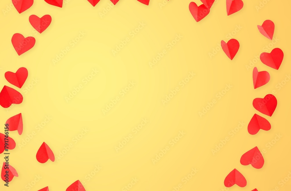 Red Valentine's paper hearts on background.