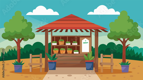 A rustic wooden pavilion situated at the heart of a community garden offering free seed packets to visitors and encouraging them to leave a