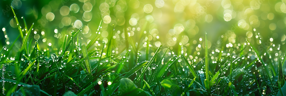 Fresh green grass background with sparkling dewdrops in the morning