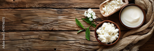 Dairy products. Milk, cottage cheese, and sour cream in a bowl on a wooden background. Top view. photo
