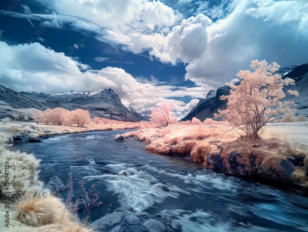 Frozen River Surrounded by Snow-Covered Trees