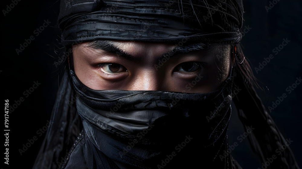 Epic close-up photoshoot of a determined ninja character looking directly at the camera against a stealthy black background.


