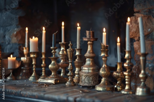 An arrangement of brass candlesticks of different heights beautifully displayed on a table.