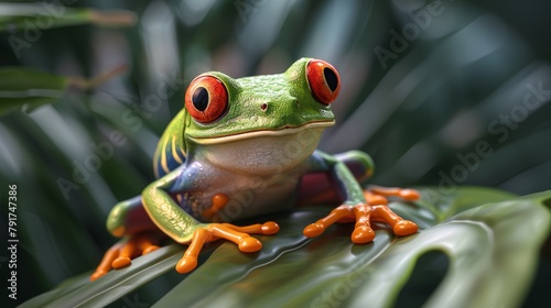 Vivid and striking portrait of a red-eyed tree frog in a lush, natural habitat with AI generative technology
