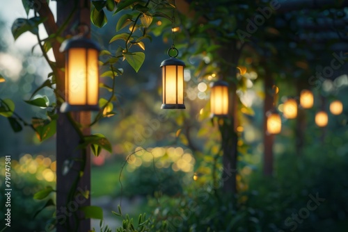 Numerous lanterns of varying shapes and sizes are hanging from a tree, adding to its visual appeal.