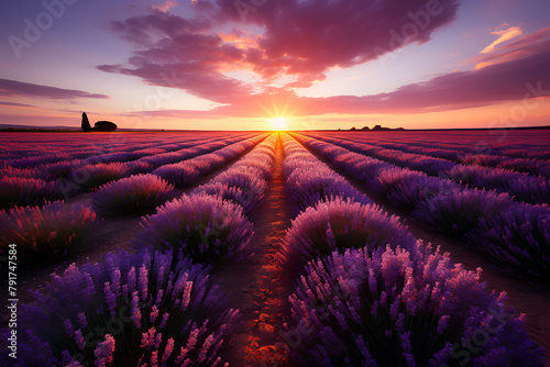 Lavender field summer sunset landscape near Valensole.Provence France