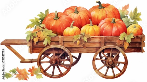 Little red wagon filled with autumn pumpkins, vibrant orange and rustic texture, isolated on white background, watercolor