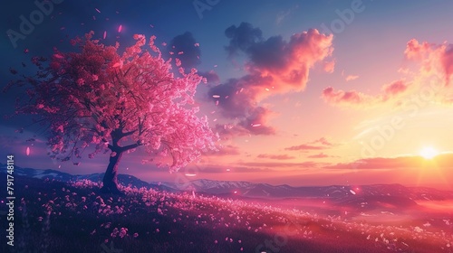 Morning lazy mood, beautiful vast sunrise landscape, Sakura tree, Deep neon Color