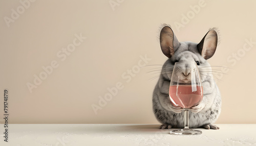 3D chinchilla drinking a glass of red wine photo