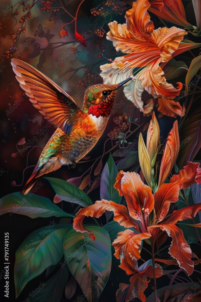 Fototapeta premium A vibrant painting capturing a hummingbird in flight over orange lilies and other flowers on a dark background