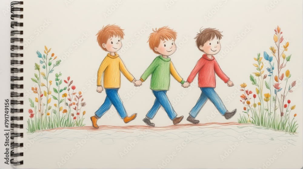 Fototapeta premium Three boys, pencil drawing